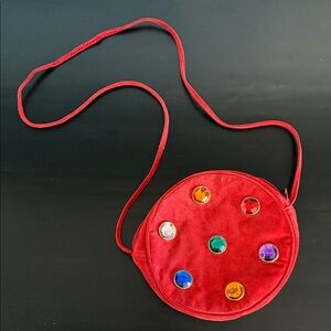 Red Leather Round Crossbody Bag with Multicolored Gem Accents